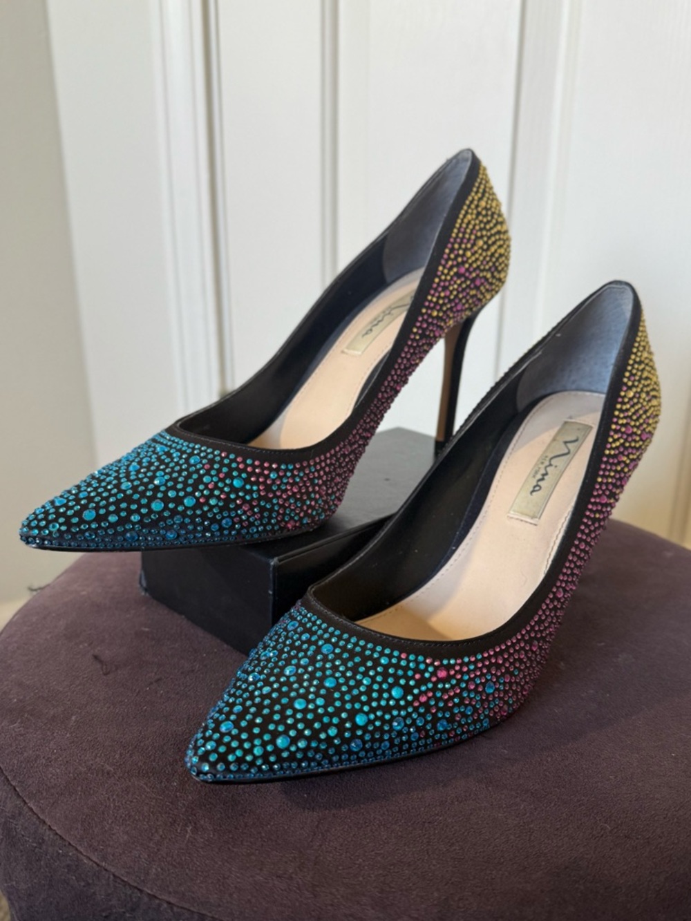 Nina Rhinestone Stiletto Heels - Pointed Toe Multicolor Party Pumps 8.5